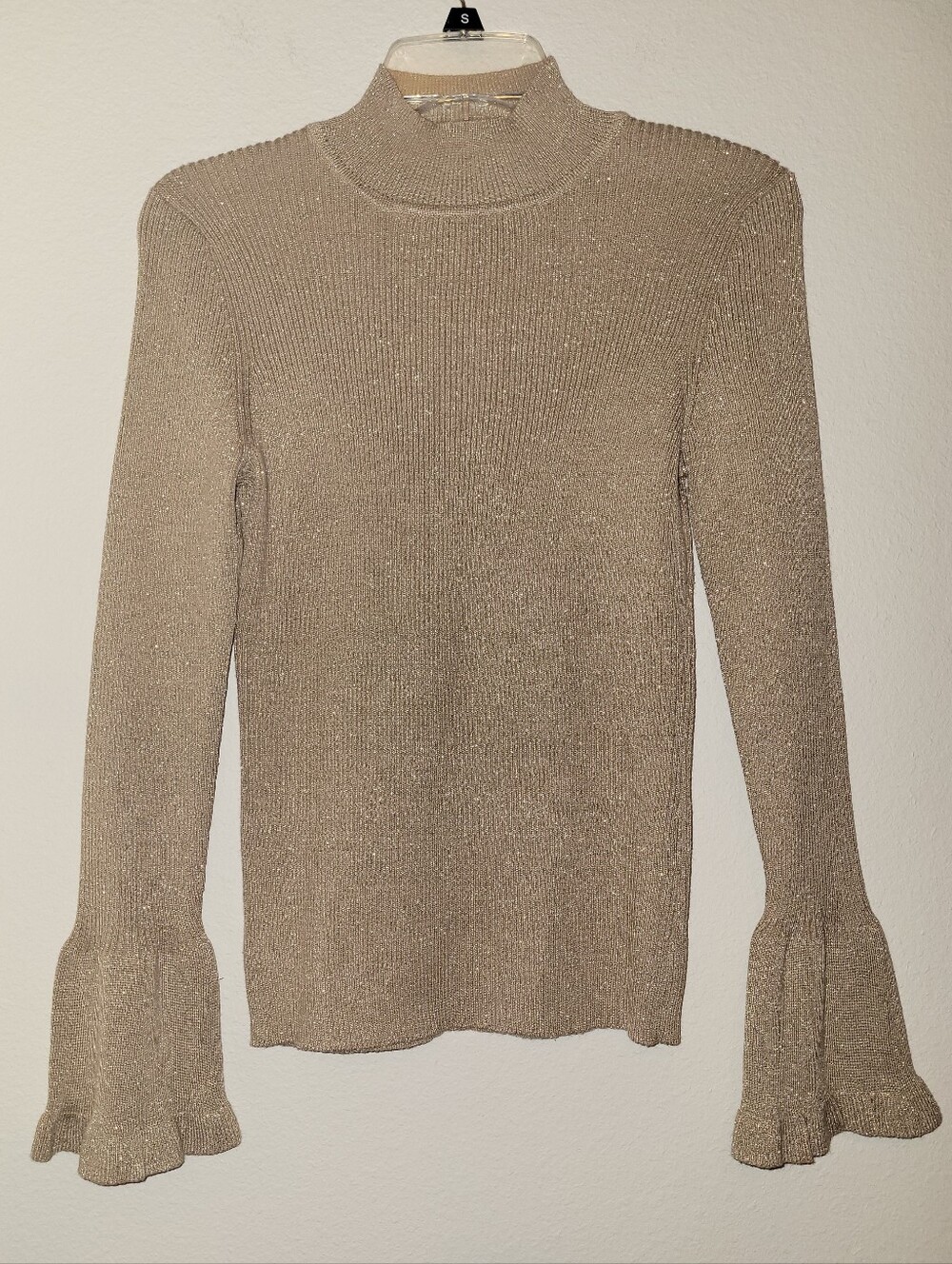 Calligraphie Metallic Shimmer Mock Neck Ruffle Bell Sleeve Ribbed Knit Top S EUC